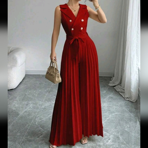 Women's Elegant Double-Breasted Pleated Jumpsuit In Apricot, Suitable For Spring - Picture 1 of 4